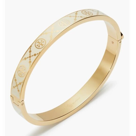 Tory Burch Double T Monogram Gold & Ivory Enamel Logo Bracelet - Picture 2 of 6